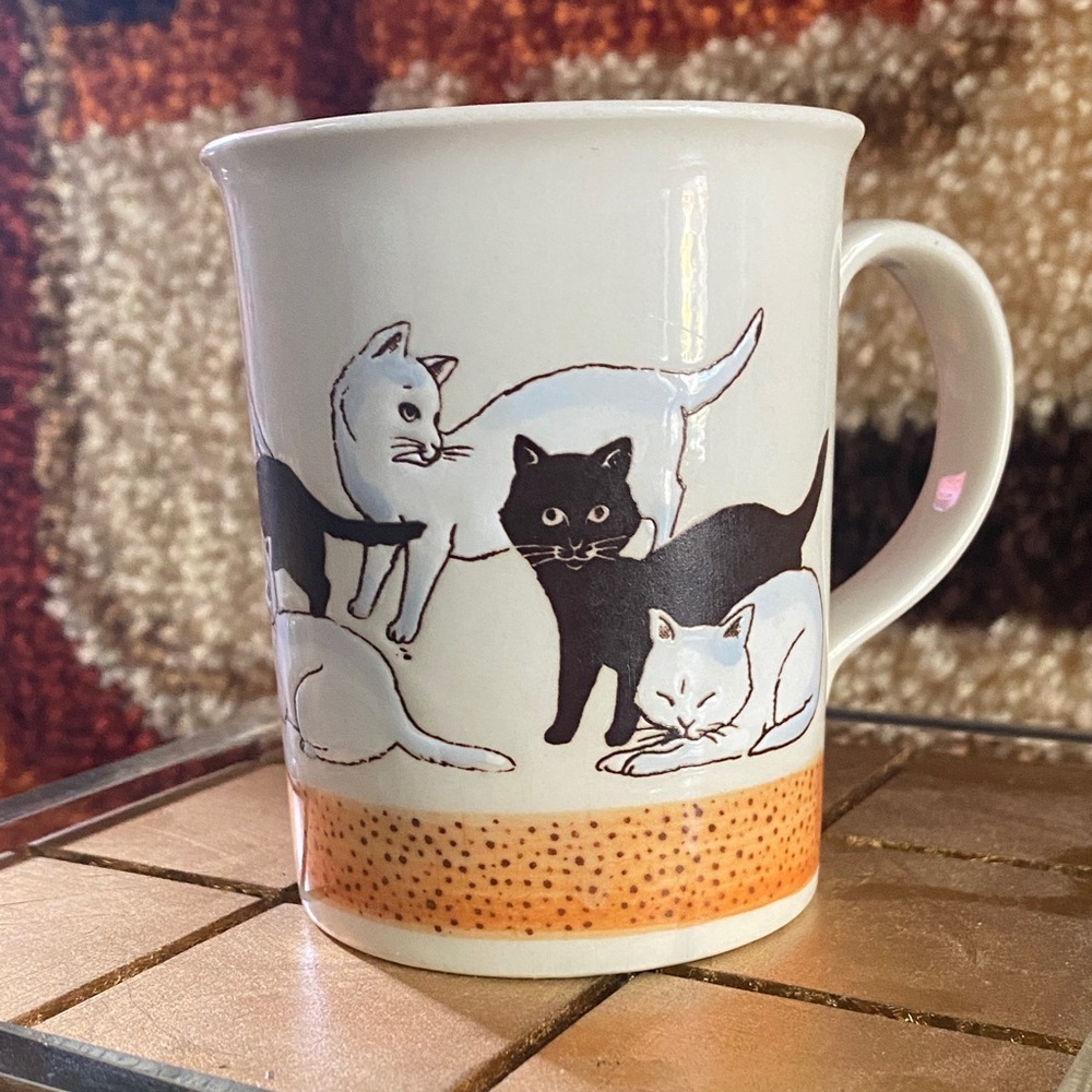 SOLDVintage Black  White Many Cats Mug  Pin White and Orange -Possibly Otagiri